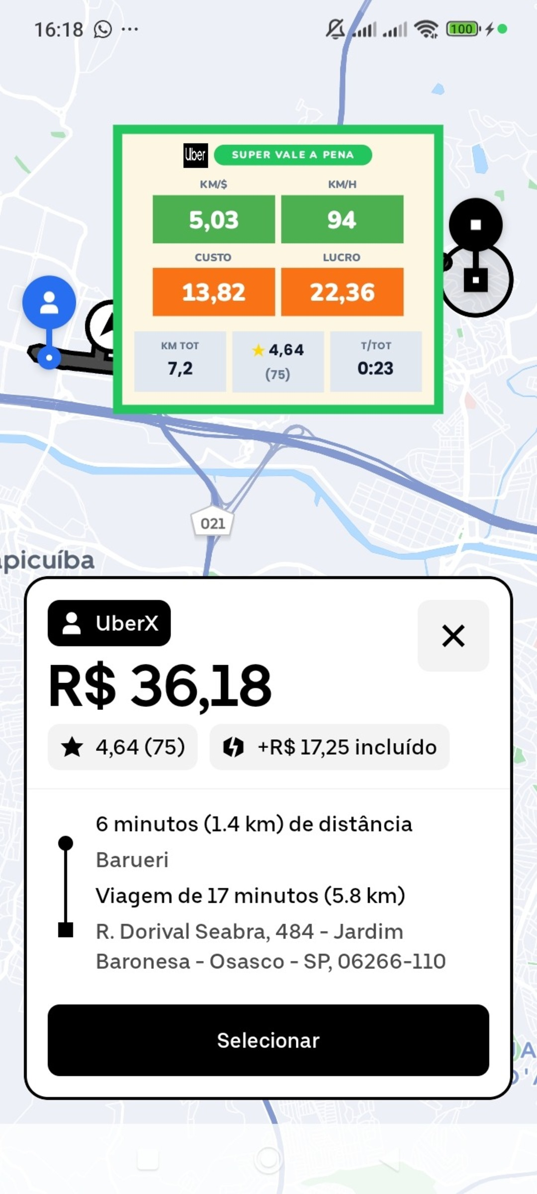Interface do GiManPro na Uber